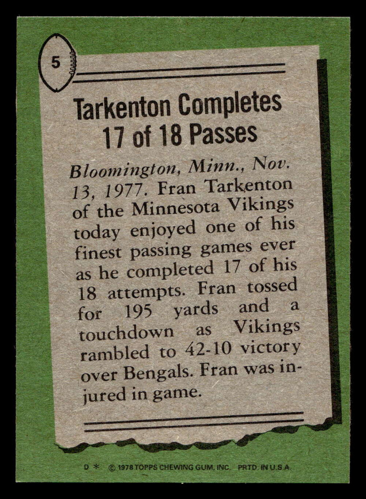 1978 Topps #5 Fran Tarkenton HL Ex-Mint 