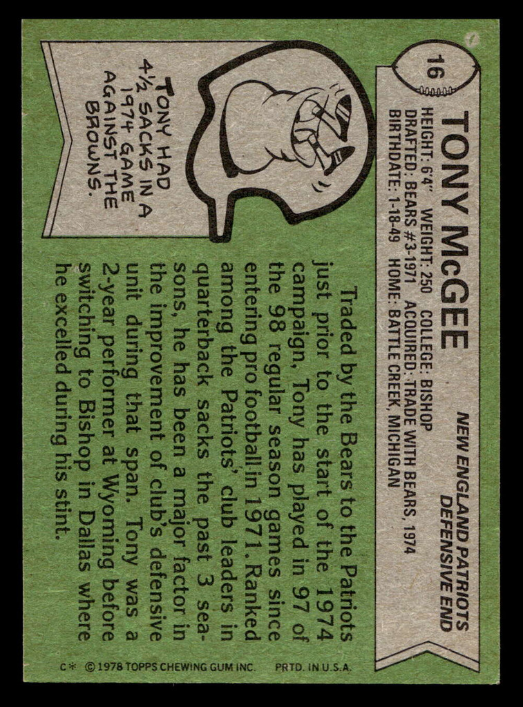 1978 Topps #16 Tony McGee Ex-Mint  ID: 504007