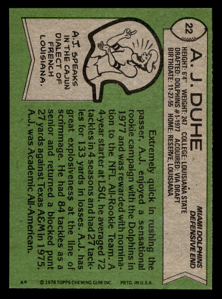 1978 Topps #22 A.J. Duhe Near Mint RC Rookie  ID: 504034