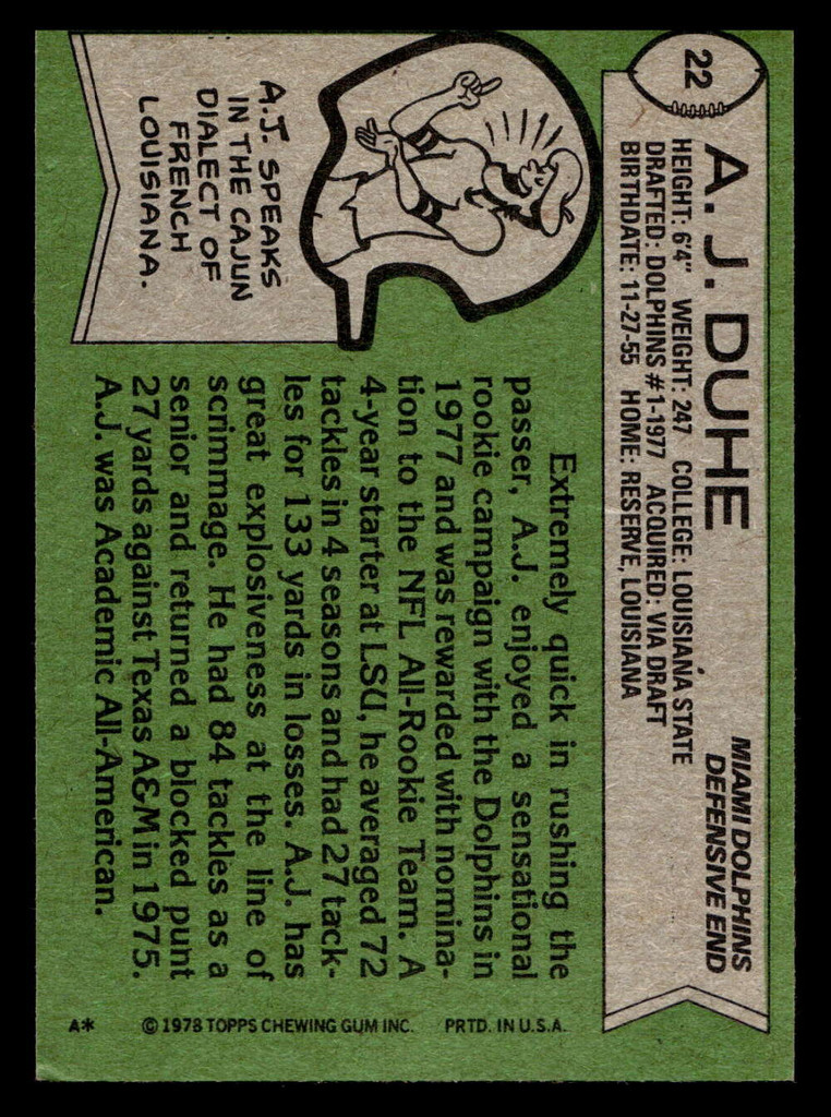 1978 Topps #22 A.J. Duhe Ex-Mint RC Rookie  ID: 504035