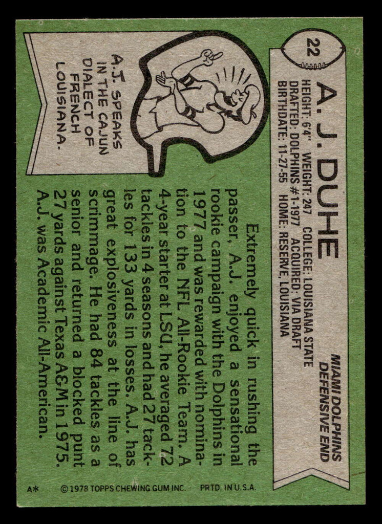 1978 Topps #22 A.J. Duhe Ex-Mint RC Rookie  ID: 504036