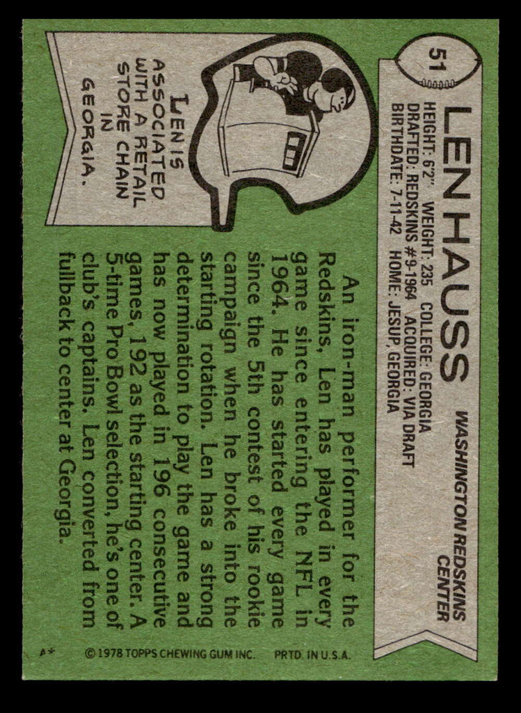 1978 Topps #51 Len Hauss Ex-Mint  ID: 504164