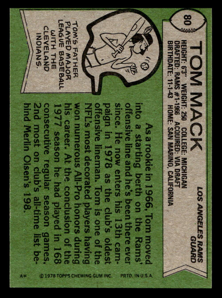 1978 Topps #80 Tom Mack Near Mint 