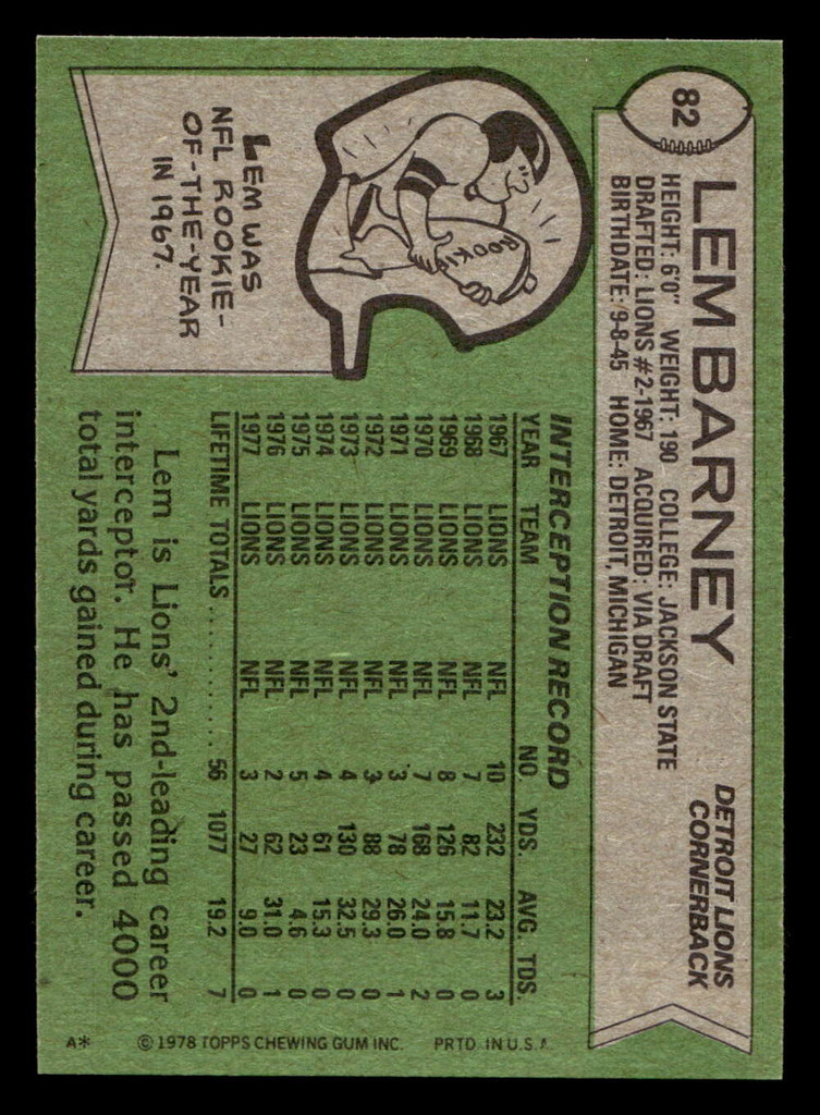 1978 Topps #82 Lem Barney Near Mint+  ID: 504298
