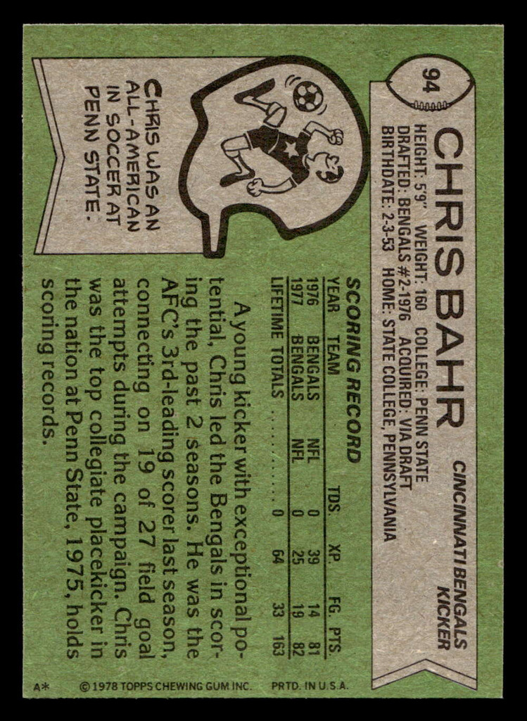 1978 Topps #94 Chris Bahr Near Mint+  ID: 504359