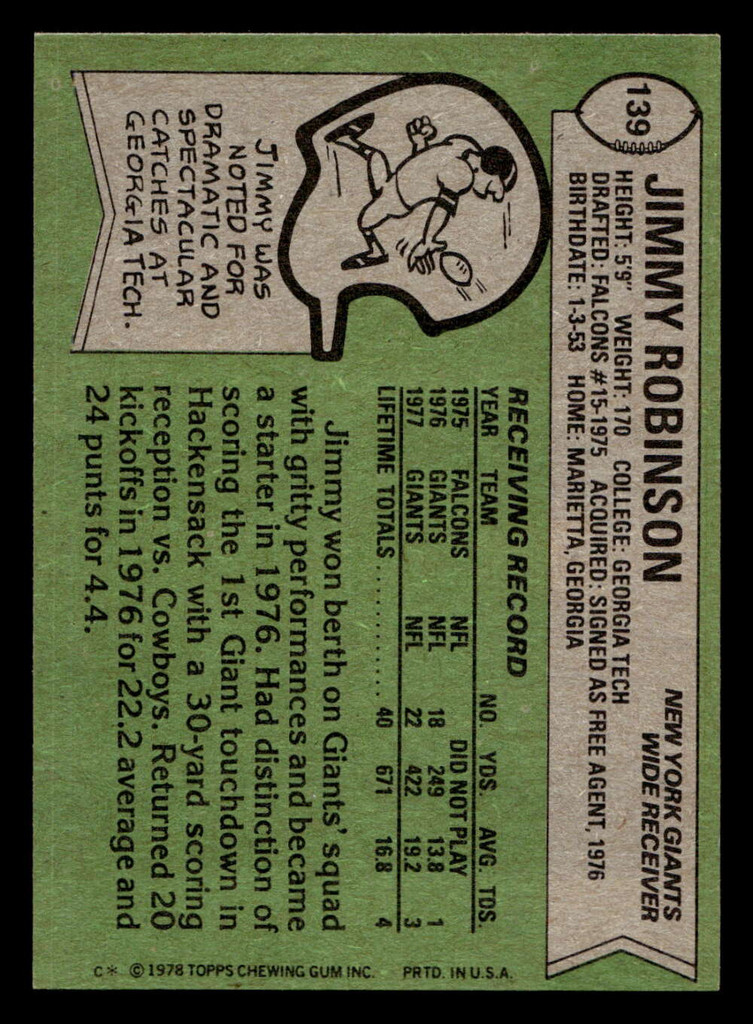 1978 Topps #139 Jimmy Robinson Near Mint+  ID: 504560