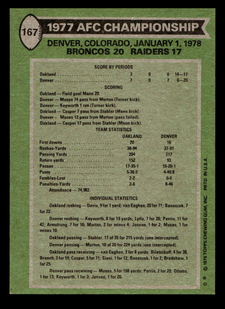 1978 Topps #167 1977 AFC Championship Ex-Mint  ID: 504672