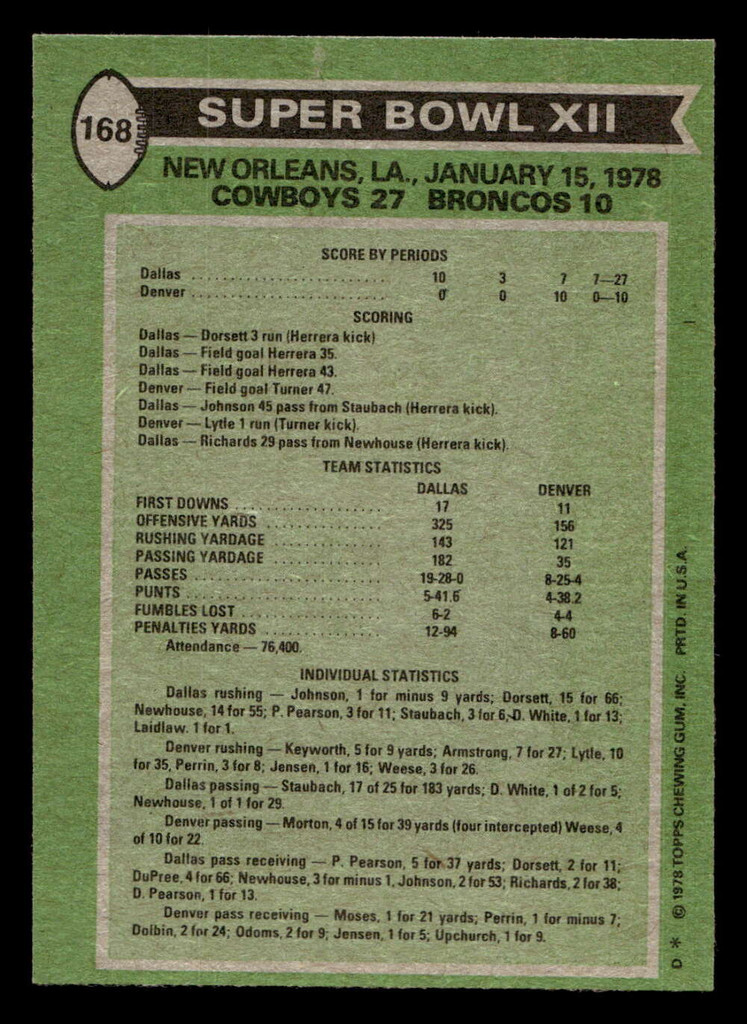 1978 Topps #168 Super Bowl XII Near Mint 