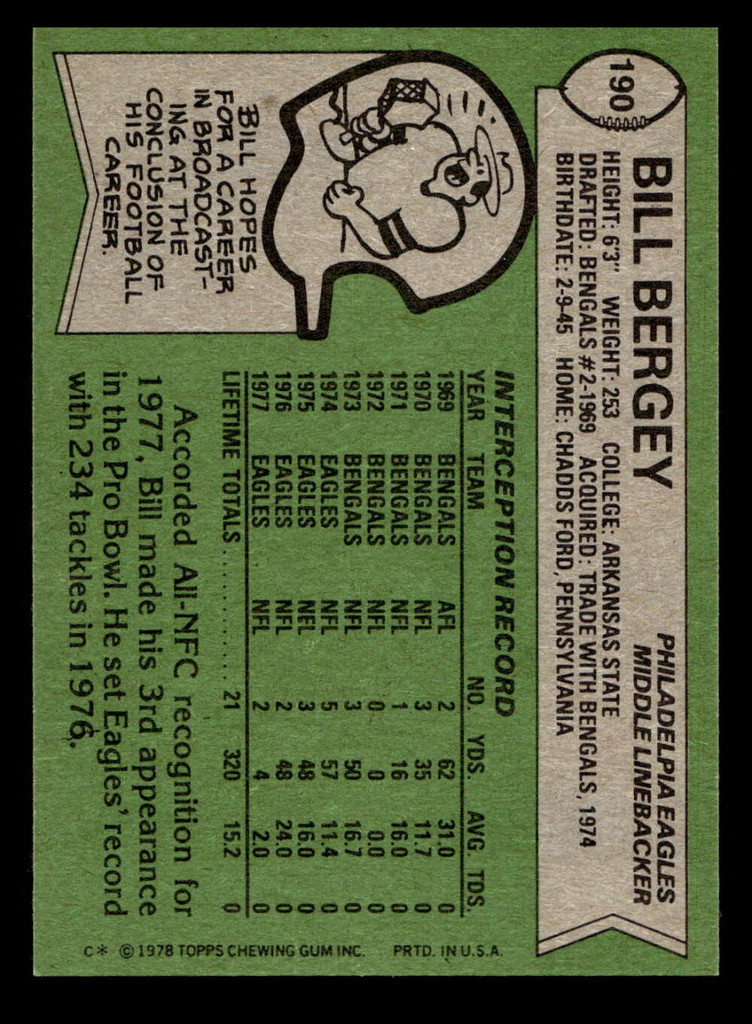 1978 Topps #190 Bill Bergey Near Mint  ID: 504779