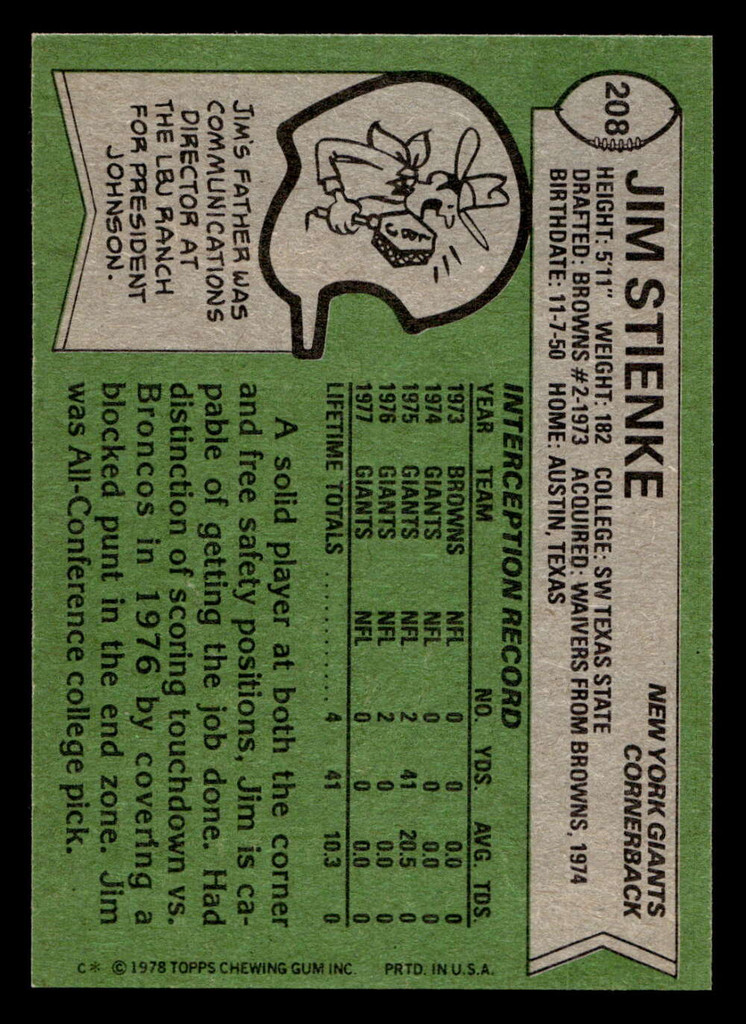 1978 Topps #208 Jim Stienke Near Mint 