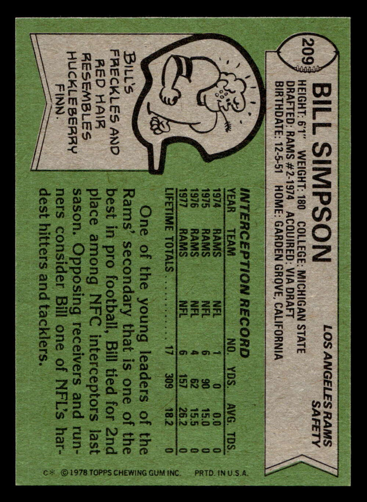 1978 Topps #209 Bill Simpson Near Mint+  ID: 504870