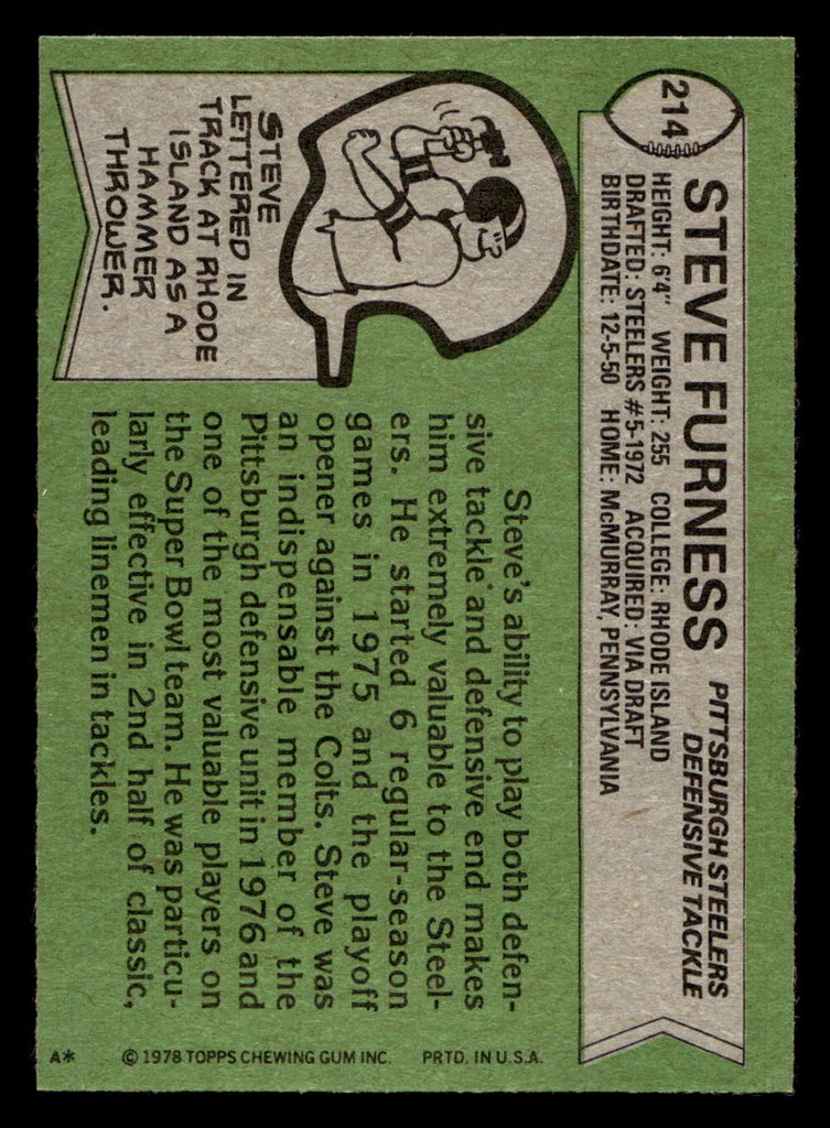 1978 Topps #214 Steve Furness Near Mint+  ID: 504889