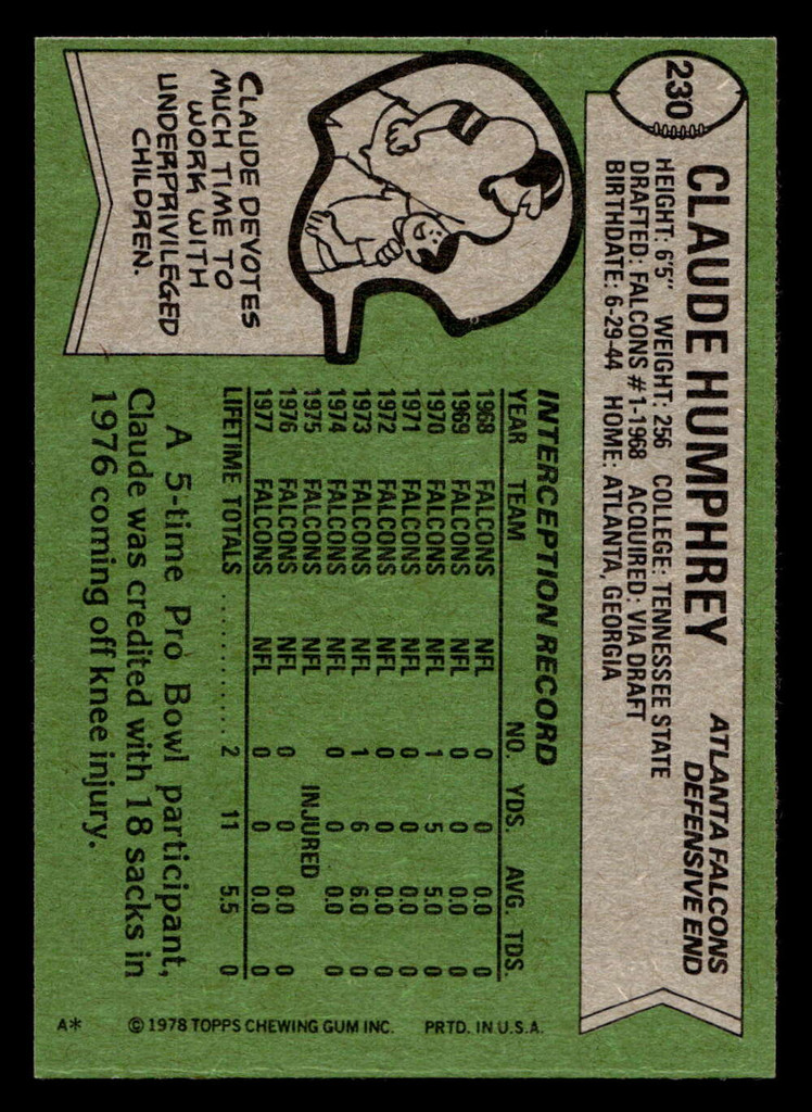 1978 Topps #230 Claude Humphrey Near Mint  ID: 504965