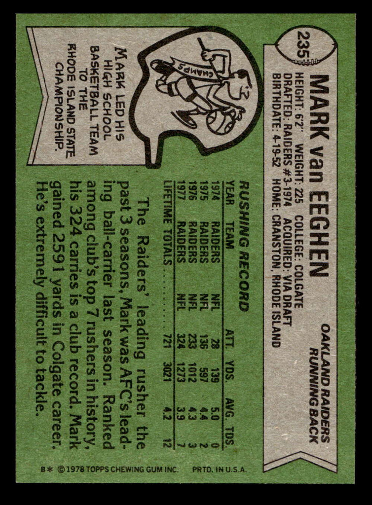 1978 Topps #235 Mark Van Eeghen Near Mint+  ID: 504988