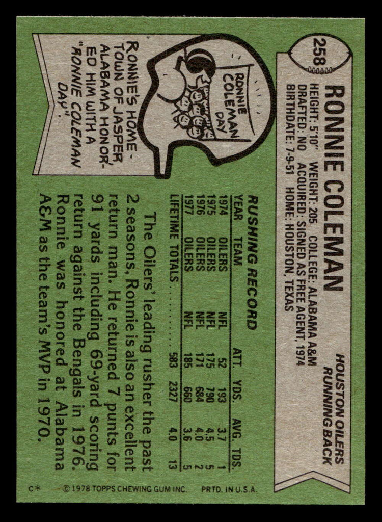 1978 Topps #258 Ronnie Coleman Near Mint+  ID: 505094