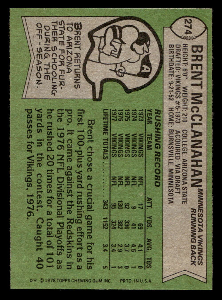 1978 Topps #274 Brent McClanahan Near Mint+  ID: 505164