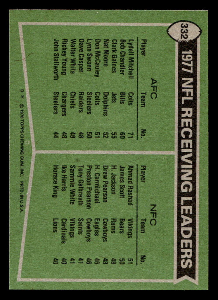 1978 Topps #332 Lydell Mitchell/Ahmad Rashad 1977 Receiving Leaders Near Mint  ID: 505410