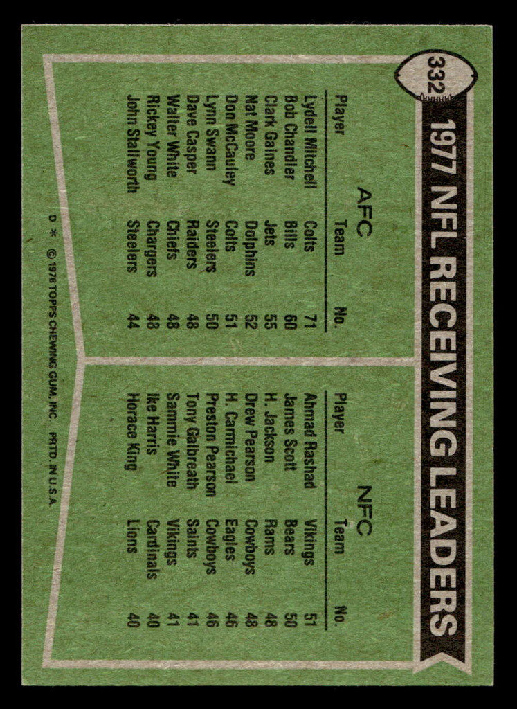 1978 Topps #332 Lydell Mitchell/Ahmad Rashad 1977 Receiving Leaders Ex-Mint  ID: 505411