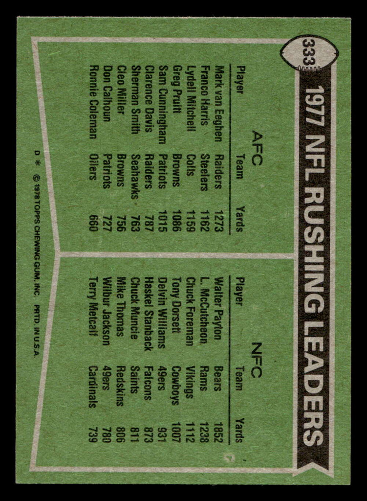 1978 Topps #333 Mark van Eeghen/Walter Payton 1977 Rushing Leaders Ex-Mint  ID: 505413