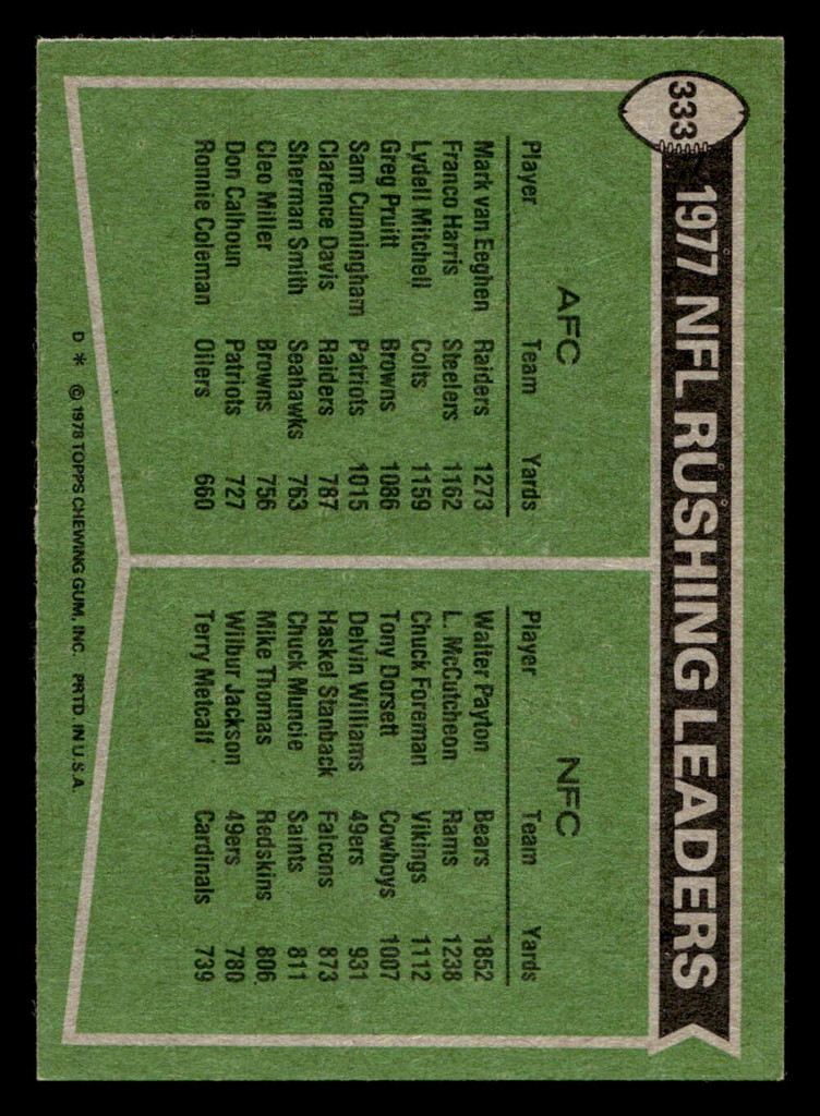 1978 Topps #333 Mark van Eeghen/Walter Payton 1977 Rushing Leaders Near Mint  ID: 505414