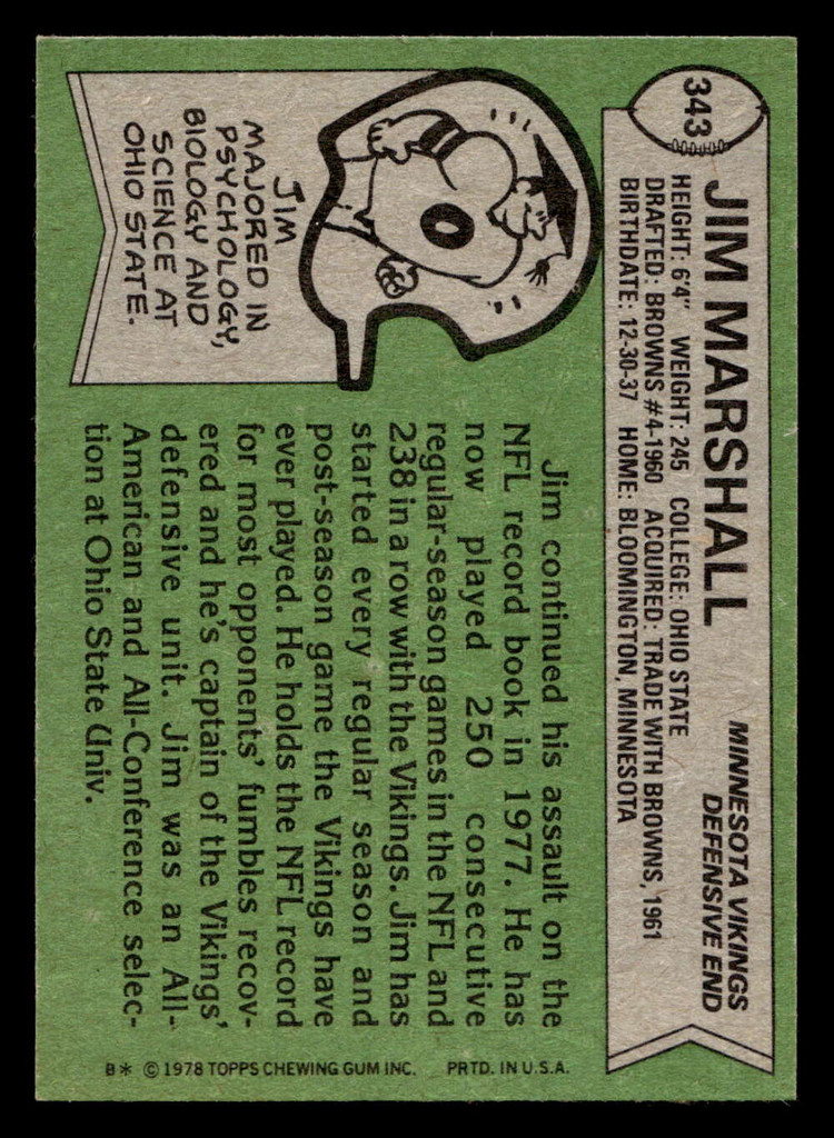 1978 Topps #343 Jim Marshall Near Mint  ID: 505455