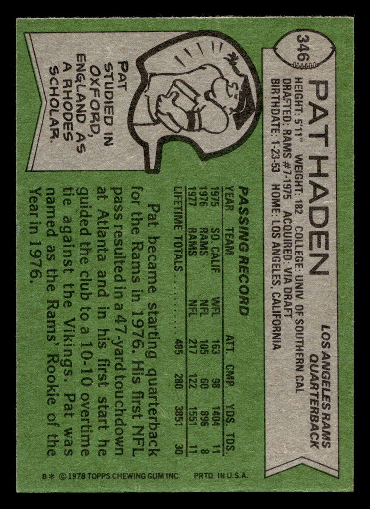1978 Topps #346 Pat Haden Ex-Mint  ID: 505472