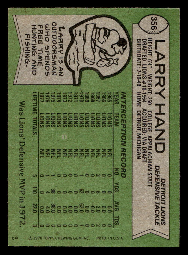 1978 Topps #356 Larry Hand Near Mint  ID: 505521