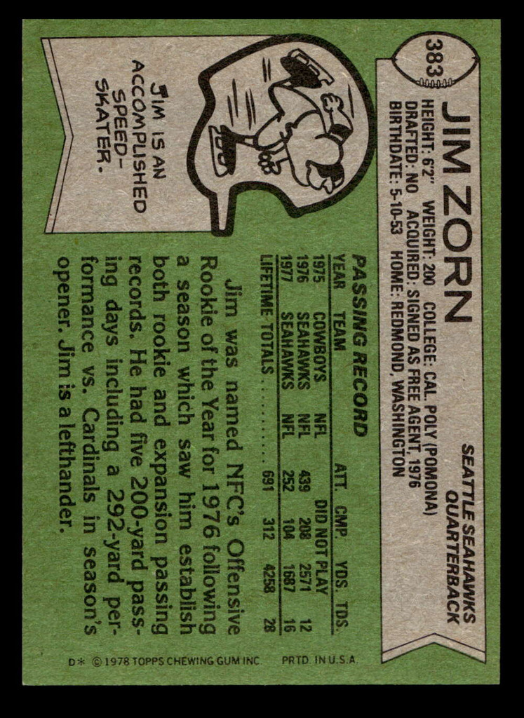 1978 Topps #383 Jim Zorn Ex-Mint  ID: 505637