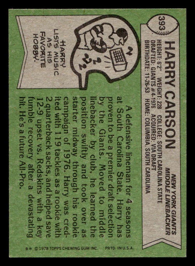 1978 Topps #393 Harry Carson Near Mint  ID: 505679