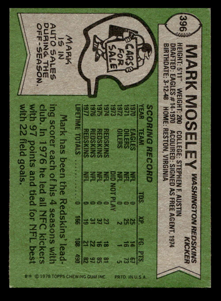 1978 Topps #396 Mark Moseley Ex-Mint 
