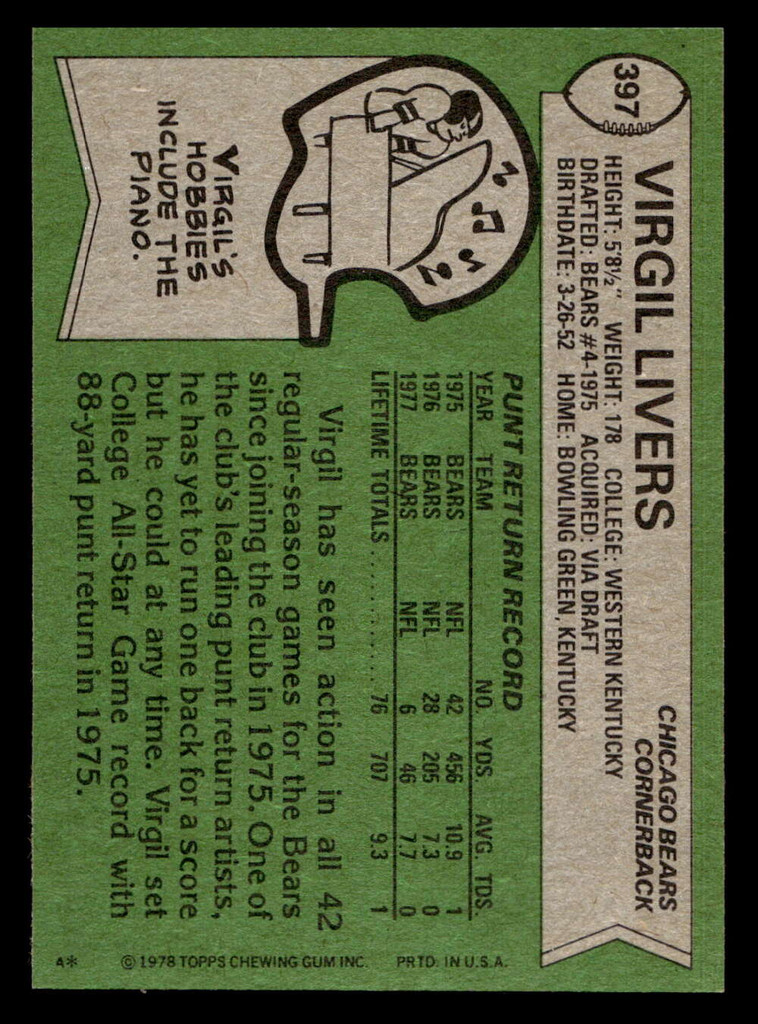 1978 Topps #397 Virgil Livers Near Mint  ID: 505695