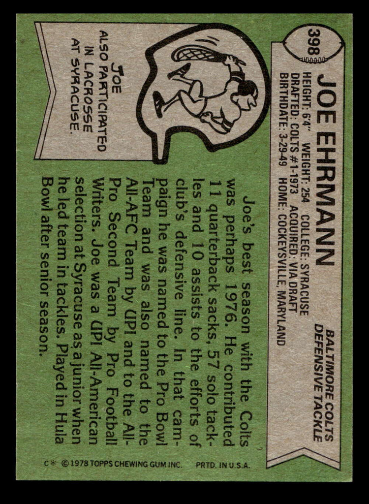 1978 Topps #398 Joe Ehrmann Near Mint+  ID: 505702
