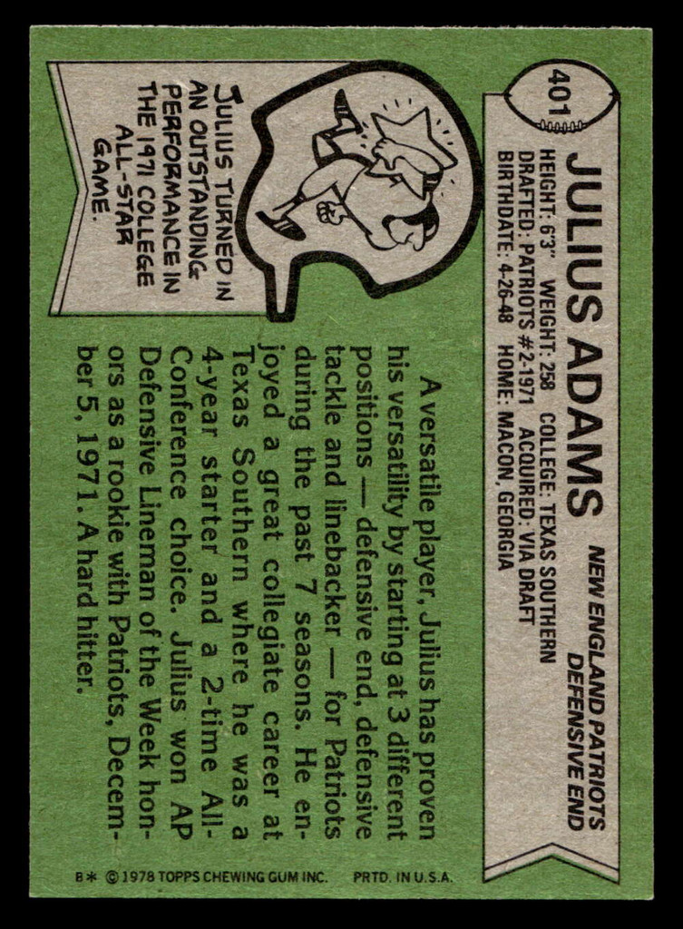 1978 Topps #401 Julius Adams Near Mint+  ID: 505716