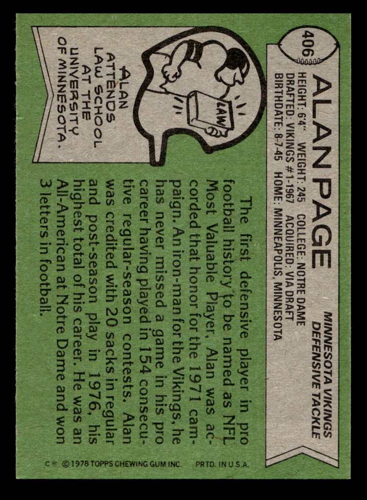 1978 Topps #406 Alan Page Near Mint+  ID: 505735