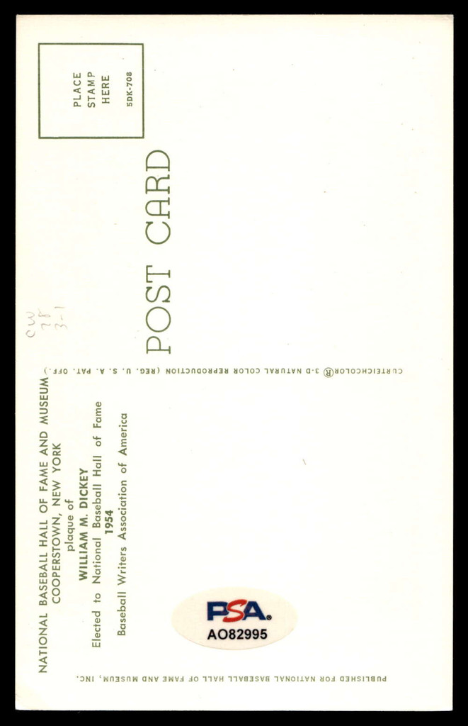 Bill Dickey Yellow HOF Postcard Signed PSA/DNA Authenticated Yankees Autographed