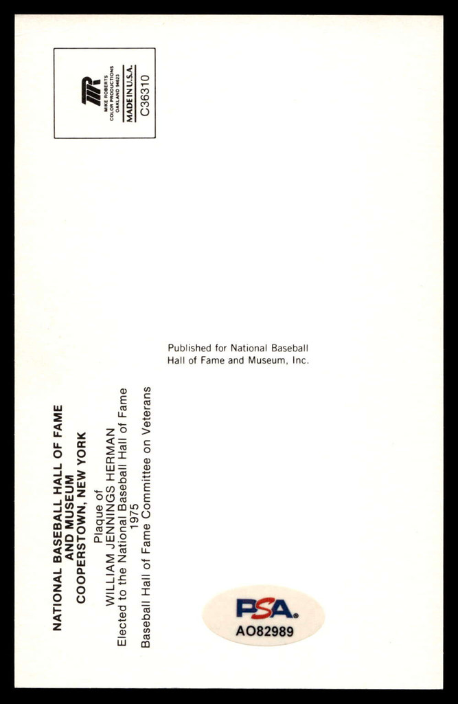 Billy Herman Yellow HOF Postcard Signed PSA/DNA Authenticated Cubs Autographed ID: 505886