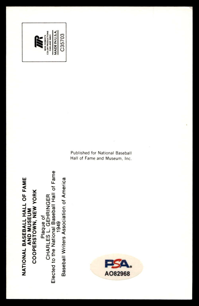 Charlie Gehringer Yellow HOF Postcard Signed PSA/DNA Tigers Autographed ID: 505896