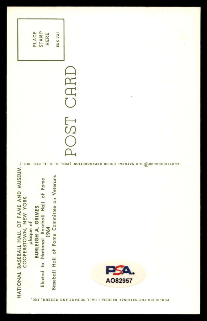 Burleigh Grimes Yellow HOF Postcard Signed PSA/DNA Authenticated Dodgers Autographed ID: 505899