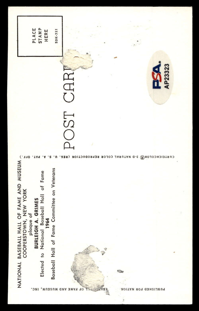 Burleigh Grimes Yellow HOF Postcard Signed PSA/DNA Authenticated Dodgers Autographed ID: 505904