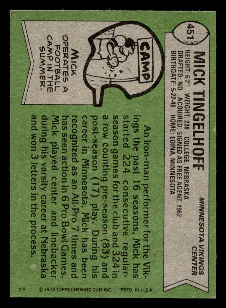 1978 Topps #451 Mick Tingelhoff Ex-Mint 