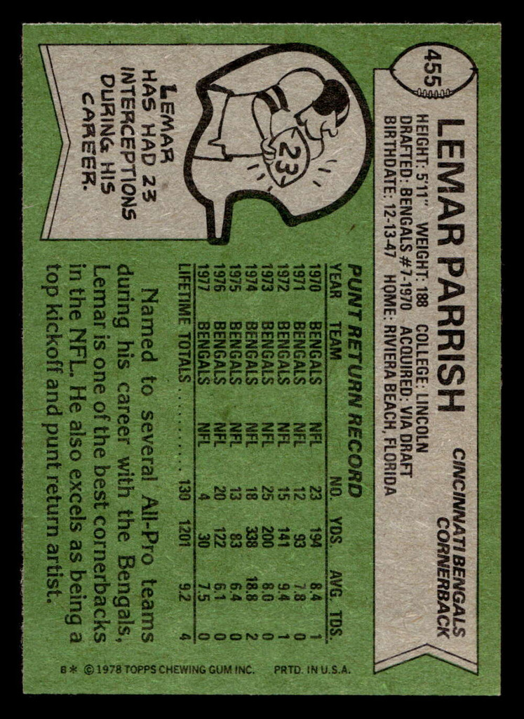1978 Topps #455 Lemar Parrish Near Mint  ID: 506016