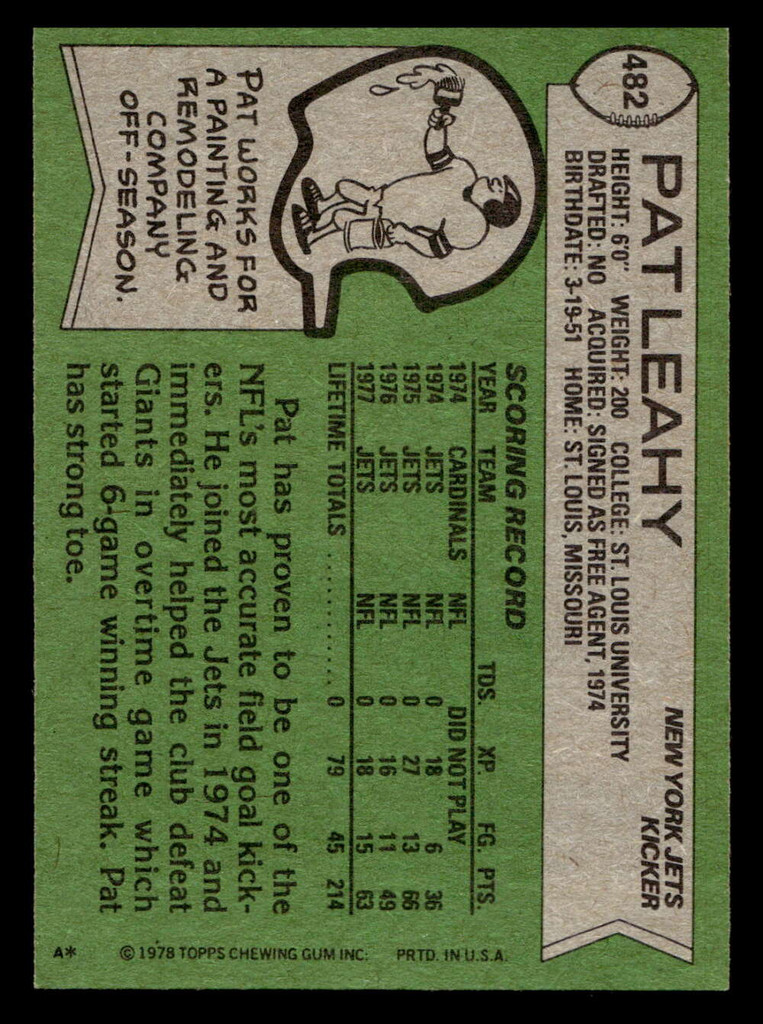 1978 Topps #482 Pat Leahy Near Mint  ID: 506143