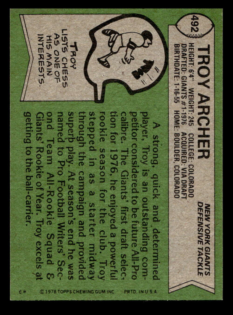 1978 Topps #492 Troy Archer Near Mint  ID: 506175