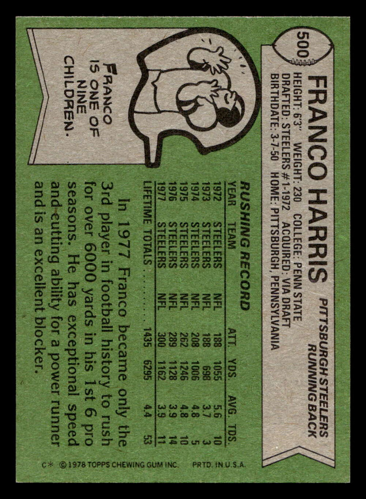 1978 Topps #500 Franco Harris Near Mint  ID: 506213