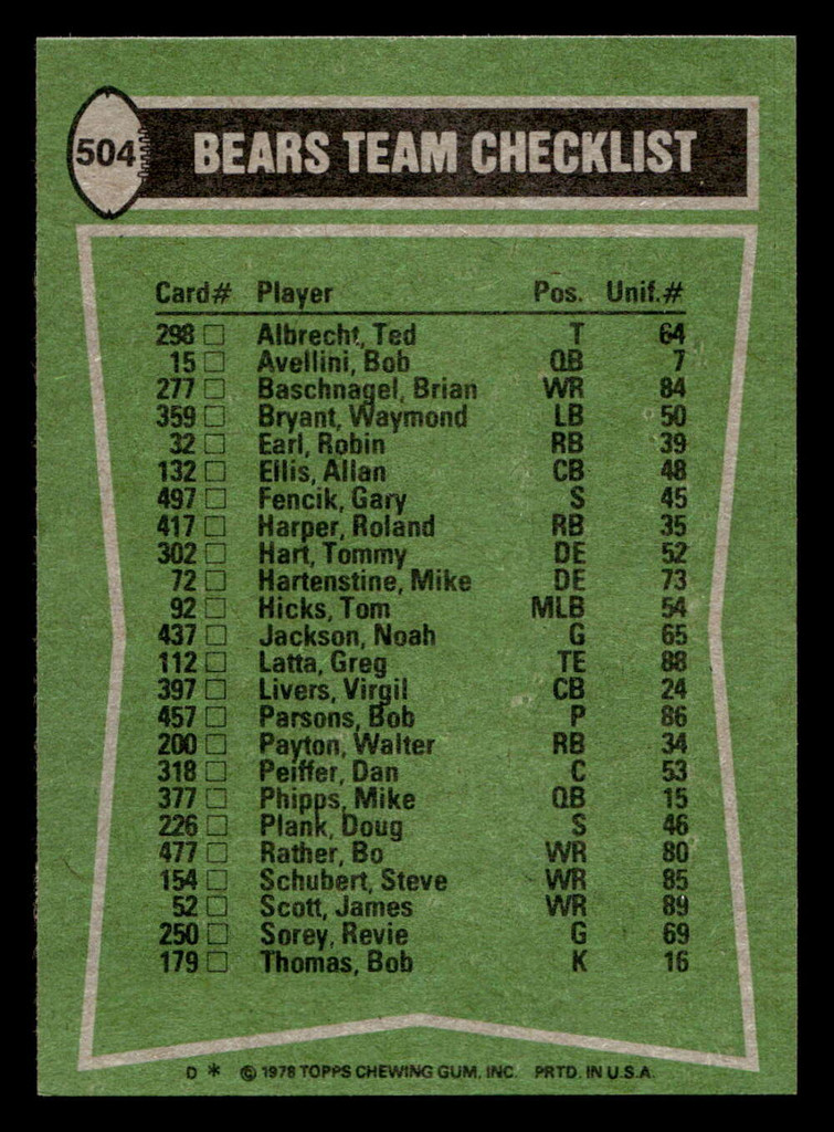 1978 Topps #504 Walter Payton/James Scott/Allan Ellis/Ron Rydalch TL Near Mint  ID: 506230