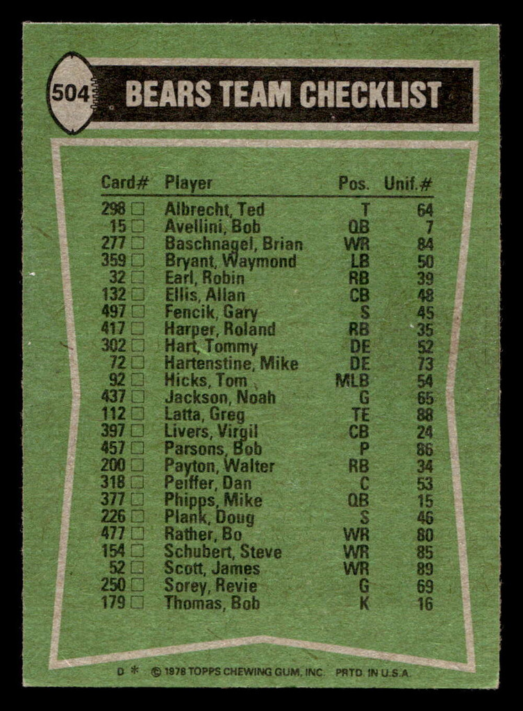 1978 Topps #504 Walter Payton/James Scott/Allan Ellis/Ron Rydalch TL Excellent 