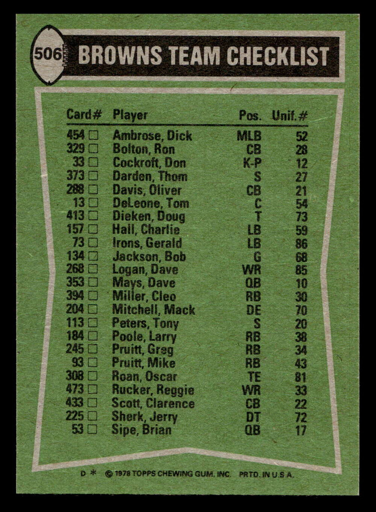 1978 Topps #506 Greg Pruitt/Reggie Rucker/Thom Darden/Mack Mitchell TL Near Mint+  ID: 506238