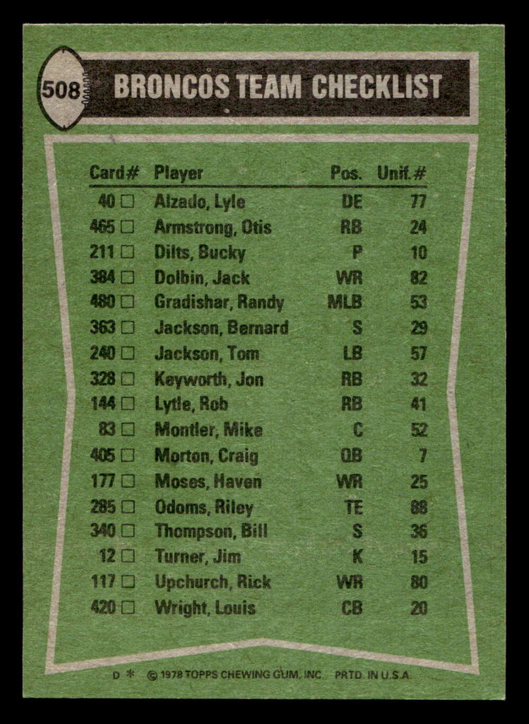 1978 Topps #508 Otis Armstrong/Haven Moses/Bill Thompson/Rick Upchurch TL Near Mint  ID: 506245