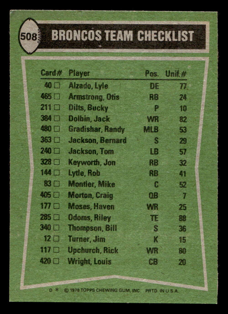 1978 Topps #508 Otis Armstrong/Haven Moses/Bill Thompson/Rick Upchurch TL Ex-Mint 