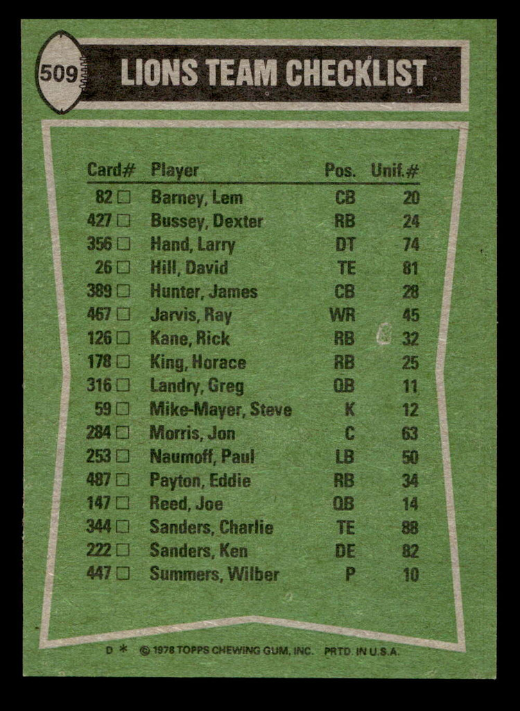 1978 Topps #509 Horace King/David Hill/James Hunter/Ken Sanders TL Ex-Mint  ID: 506251